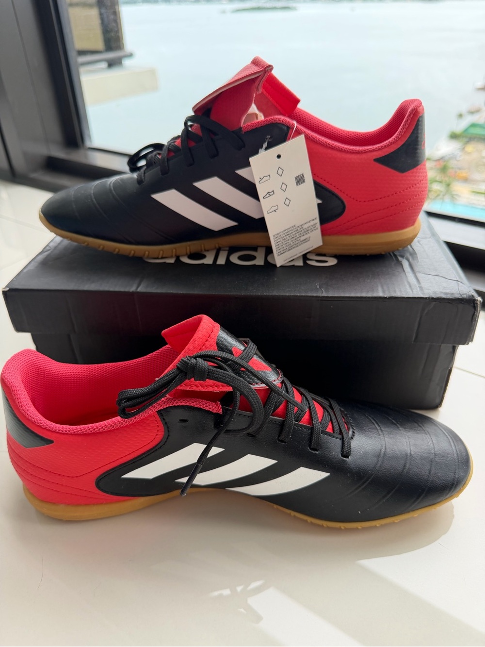 adidas Mens Indoor Soccer Sneakers - Black & Red with White Stripes